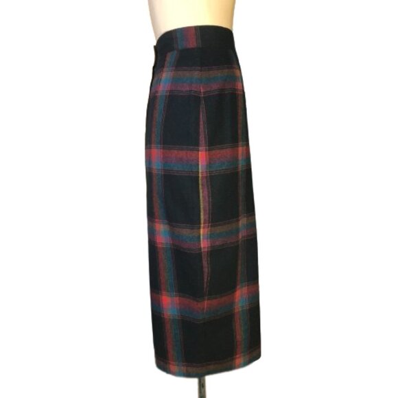 Vintage pencil fitted wool blend tartan plaid high waist midi skirt - Picture 4 of 15